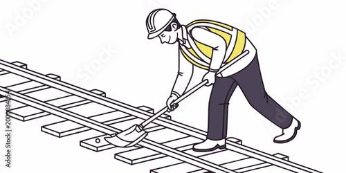 Railway worker cleaning railroad tracks at train station line art illustration with hard hat cleaning up worker duties cleaning maintenance railroad construction platform industrial engineer