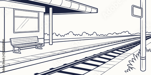 Empty railway station platform with bench and street lamp line art illustration stop station railway infrastructure platform railroad transportation architecture building infrastructure
