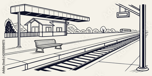 Minimalist black and white illustration of a quiet suburban train station platform with platform transport illustration monochrome architecture building infrastructure suburban outdoors
