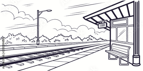 Empty railway station platform with bench and signal light line art illustration stop station railway infrastructure platform railroad transportation architecture building infrastructure