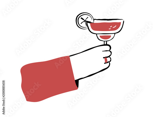 Minimalist Hand Drawn Vector Illustration Doodle of a Hand Holding a Margarita Cocktail Glass with Lime