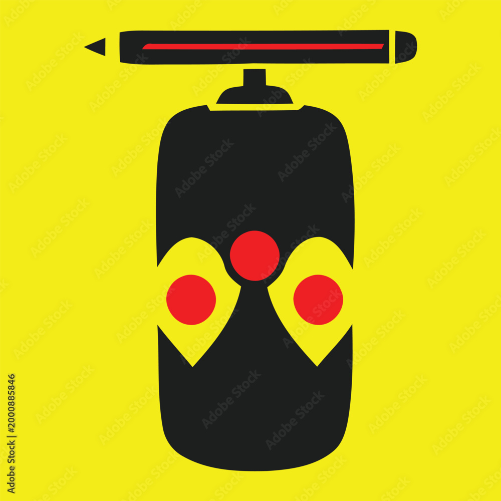 Fototapeta premium Cartoon robot character with a spray can head on yellow background