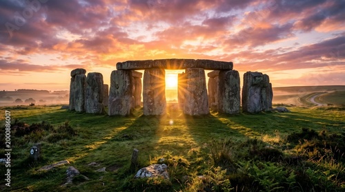 Ancient stone circle at sunrise during summer solstice with radiant sun rays through stones creating mystical heritage landscape for travel culture and spiritual storytelling use