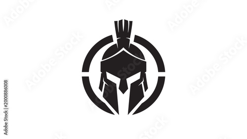 Helmet of Spartan warrior with black silhouette and circular shield emblem for esports and gaming branding