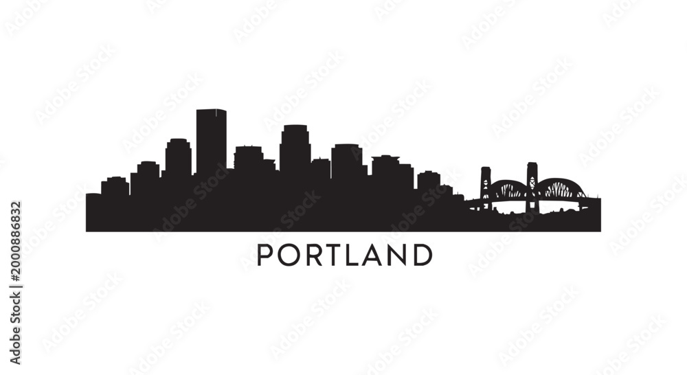 Obraz premium Portland skyline silhouette cityscape with bridge and text below.