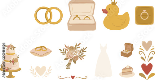 Wedding elements arranged with rings cake and bouquet on white background