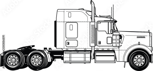 Heavy Duty Semi Truck Side View Line Art Detailed Transport Vehicle Outline Illustration