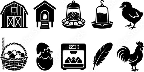 Comprehensive collection of poultry farm and egg production related icons, ideal for educational materials, agricultural business branding, or rustic design applications