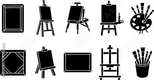 Comprehensive line drawing collection of painting studio essentials including various easels, blank art canvases, picture frames, and an artists palette with brushes, suitable for