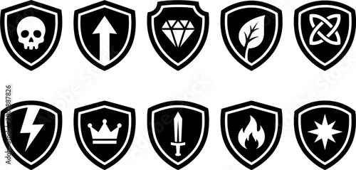 Collection of five shield icons featuring skull, arrow, diamond, leaf, and Celtic knot symbols representing protection, strength, growth, and security for various graphic design projects