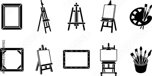 Comprehensive line drawing collection of painting studio essentials including various easels, blank art canvases, picture frames, and an artists palette with brushes, suitable for