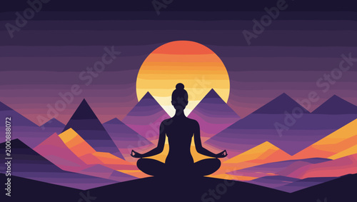 Meditating person silhouette in a colorful sunset background with mountains