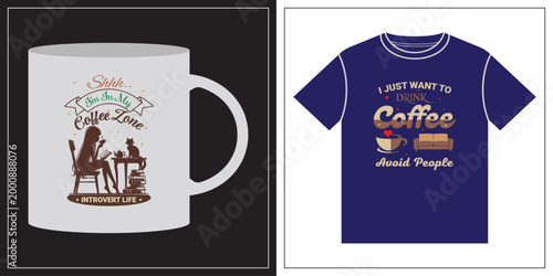 Introvert Life Coffee Zone Cat Reading Illustration Coffee T Shirt Mug Design.