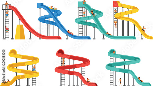 Water slide vector collection featuring colorful spiral slides with people, pool attractions and summer recreation elements in modern flat design style