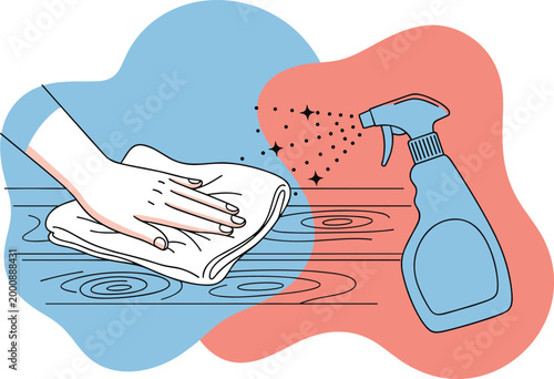 Hand Cleaning Table Surface with Cloth and Spray Bottle Home Hygiene and Disinfection Concept Illustration
