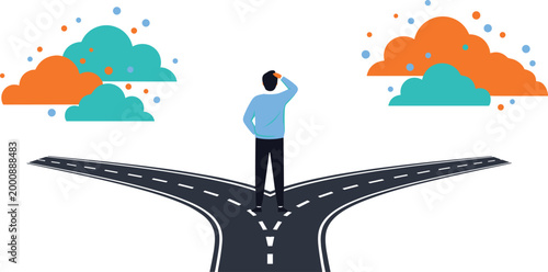 Businessman Standing at Crossroads Choosing Between Two Paths Career Decision and Strategic Direction Concept Illustration