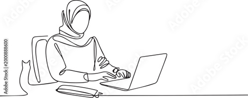 Continuous line drawing of a woman in hijab working on laptop