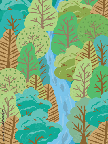Pattern with trees and river illustration in flat style.