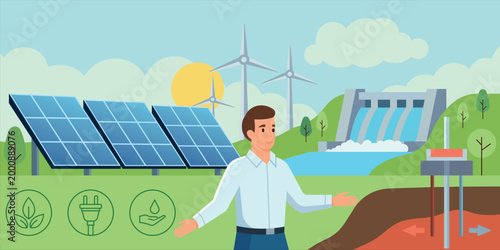 Renewable energy concept illustration with solar panels, wind turbines, hydro dam and geothermal power