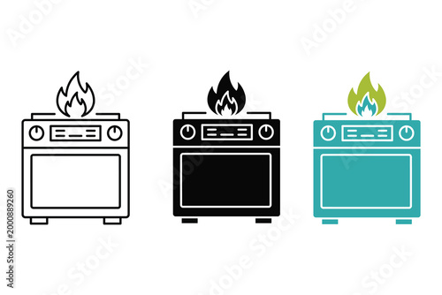 Kitchen stove with flame icon set. Gas oven and burner symbol in outline, solid, and color style. Cooking appliance illustration