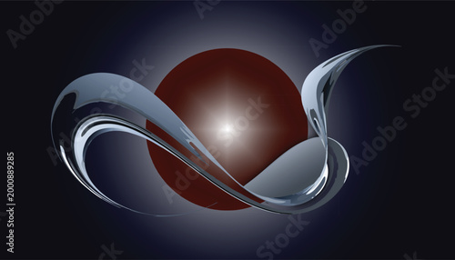 Abstract silver ribbon sweeping around a central dark red circular orb.