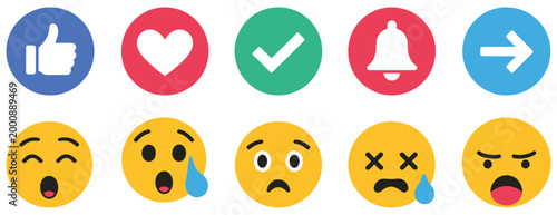 Emoji reactions vector collection, like dislike heart share comment icons set, social media engagement elements, flat style illustration for web graphics, modern UI interaction symbols for apps,