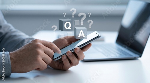 Closeup of a person using a smartphone with a digital qa icon overlay representing customer support and frequently asked questions
