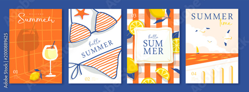 Set of summer Italian posters or covers with bikini, cocktail, seagulls, lemonade, lemons, tablecloth and beach landscape. Vector illustration