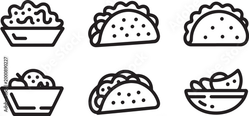 Cute Taco Pattern Emoji Art Black and White Taco Icons Grid  Taco and Burrito Bowl Emoji Icons Set Black and White Mexican Food Line Art vector design on transparent background.
