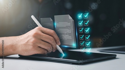 Digital document signing and electronic checklist concept, businessman using stylus pen on tablet to complete tasks and sign contract