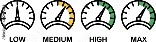 Analog speed level indicators set, dashboard gauge icons showing low medium high and max levels with infographic dials for power energy and performance measurement design.