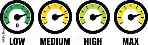 Analog speed level indicators set, vector gauges with low medium high and maximum levels representing performance ranking energy scale and measurement infographic design.