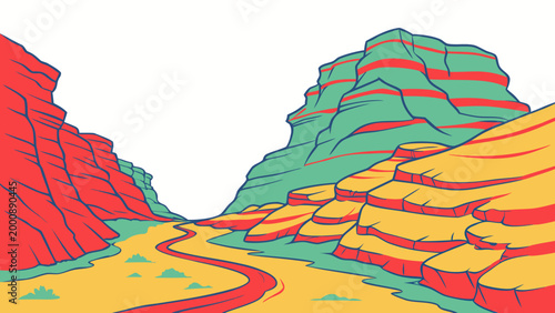 Canvastavla Colorful abstract landscape illustration with layered canyons and winding river