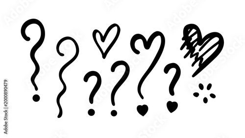 Hand drawn collection of question marks and hearts with question collection illustration creative isolated decoration expression questioning curiosity uncertainty scribble aesthetic
