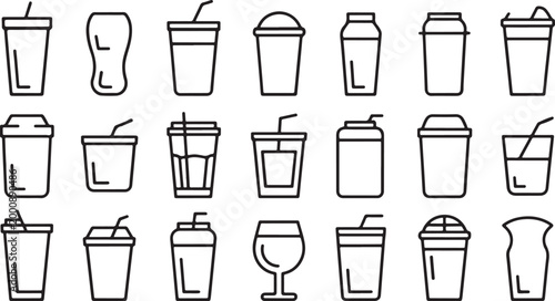 Collection of various drink cups and bottles including soda Plastic drinking cup icons suitable for infographics, set dig icon  vector design on transparent background.