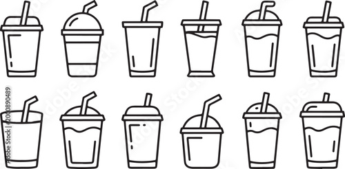 Collection of various drink cups and bottles including soda Plastic drinking cup icons suitable for infographics, set dig icon  vector design on transparent background.