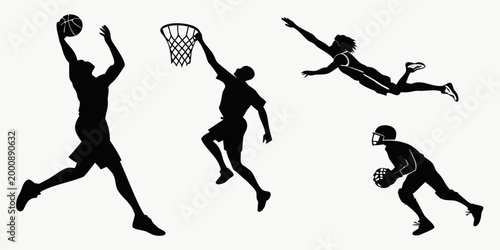 Basketball and sports action silhouettes set with basketball silhouette competition training exercise movement lifestyle athletic performance strength activity challenge recreation