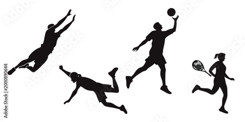 Collection of sports player silhouettes in dynamic poses featuring volleyball basketball tennis silhouette basketball volleyball exercise competition training recreation physical lifestyle