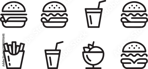 Collection of Fast Food and Drink Icons Delicious burger and fries Vector icons:  isolated on white background