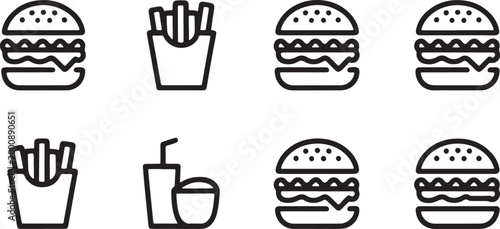 Collection of Fast Food and Drink Icons Delicious burger and fries Vector icons:  isolated on white background