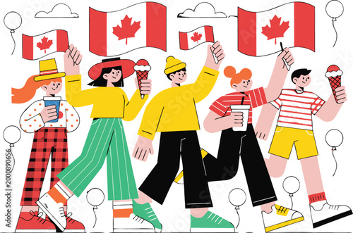 Group of friends marching and waving canadian flags in outdoor parade.