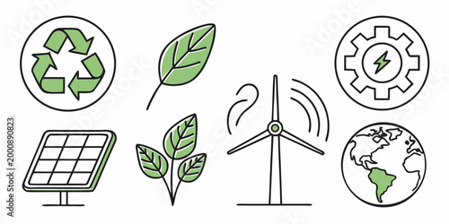 Sustainable green energy concepts and recycling icons collection with sustainability environment renewable recycling conservation resources generation protection friendly innovation industry