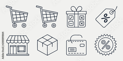 Collection of retail and online shopping icons including carts and discount tags with shopping bags shopping discount ecommerce business purchase consumer shipping delivery commercial