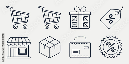 Comprehensive retail shopping and ecommerce line icon collection with shopping bags shopping discount ecommerce business purchase consumer shipping delivery commercial collection checkout