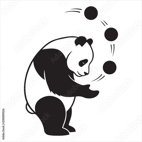 black panda silhouette juggling balls clean lines design