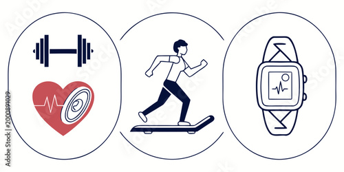 Fitness and healthy living concept line art illustration with lifestyle exercise smartwatch dumbbell activity wellness training monitoring strength movement equipment illustration vitality