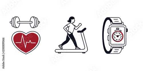 Set of fitness and healthy lifestyle icons featuring dumbbell heart rate monitor and person exercising lifestyle dumbbell exercise smartwatch activity training wellness treadmill tracking