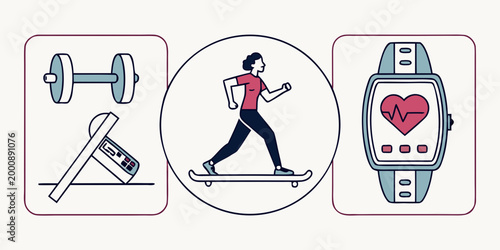 Modern fitness and healthy lifestyle concept icons with dumbbell running person and heart rate smartwatch lifestyle exercise dumbbell smartwatch training activity wellness technology physical