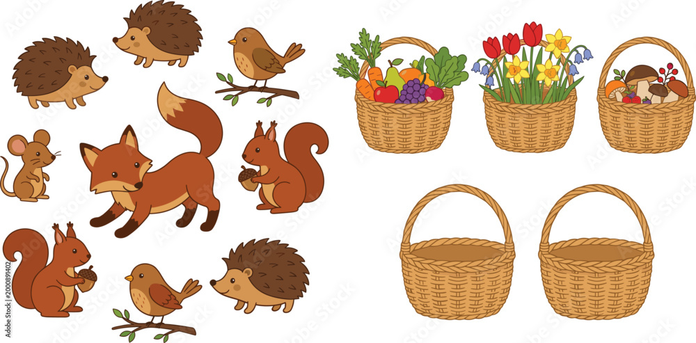 Obraz premium Whimsical woodland creatures and woven baskets with seasonal contents