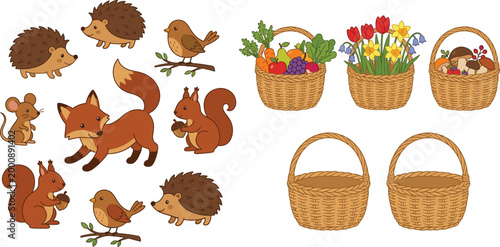 Whimsical woodland creatures and woven baskets with seasonal contents